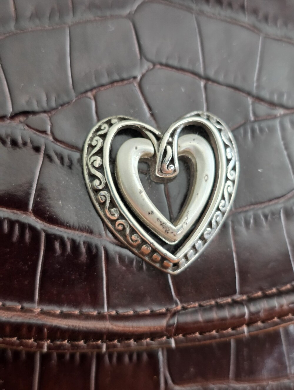 Brighton Croc Embossed Leather Crossbody Bag Brown Heart Y2K - Picture 6 of 16